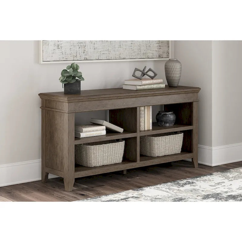 Wood Veneer Open Storage Credenza with Adjustable Shelves Whitewash