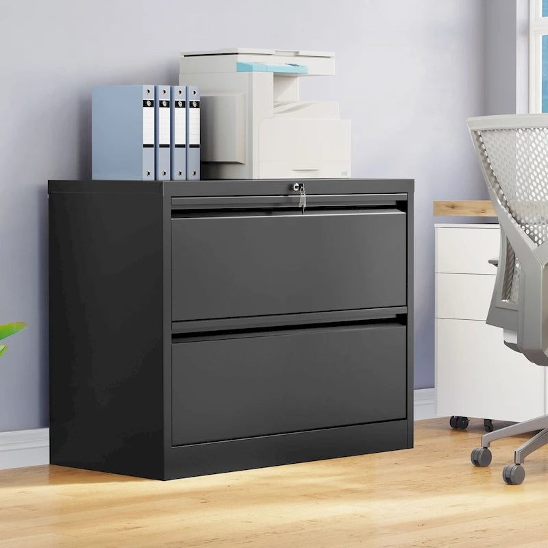 Black & White Metal Lateral File Cabinet with Two Locking Drawers
