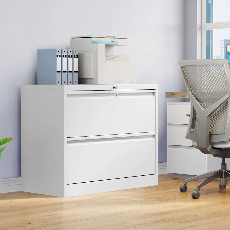 Black & White Metal Lateral File Cabinet with Two Locking Drawers