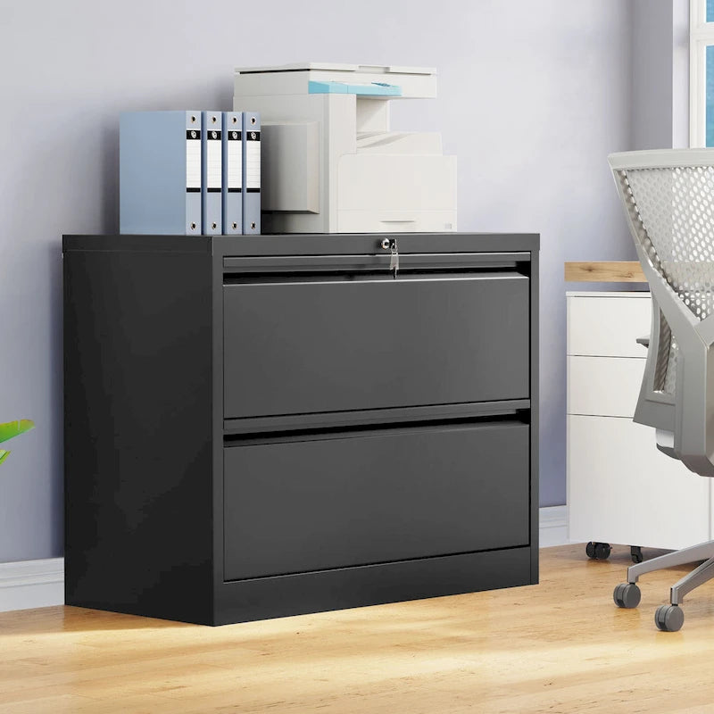 Black & White Metal Lateral File Cabinet with Two Locking Drawers