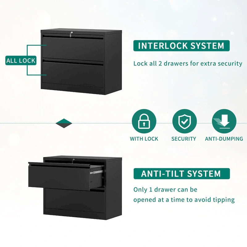 Black & White Metal Lateral File Cabinet with Two Locking Drawers