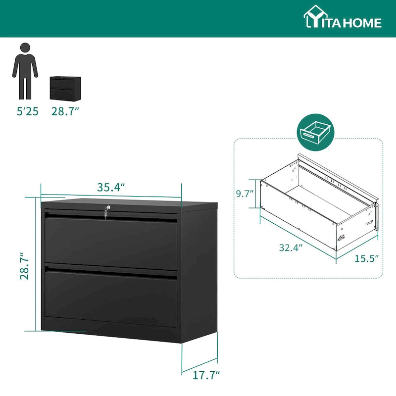 Black & White Metal Lateral File Cabinet with Two Locking Drawers
