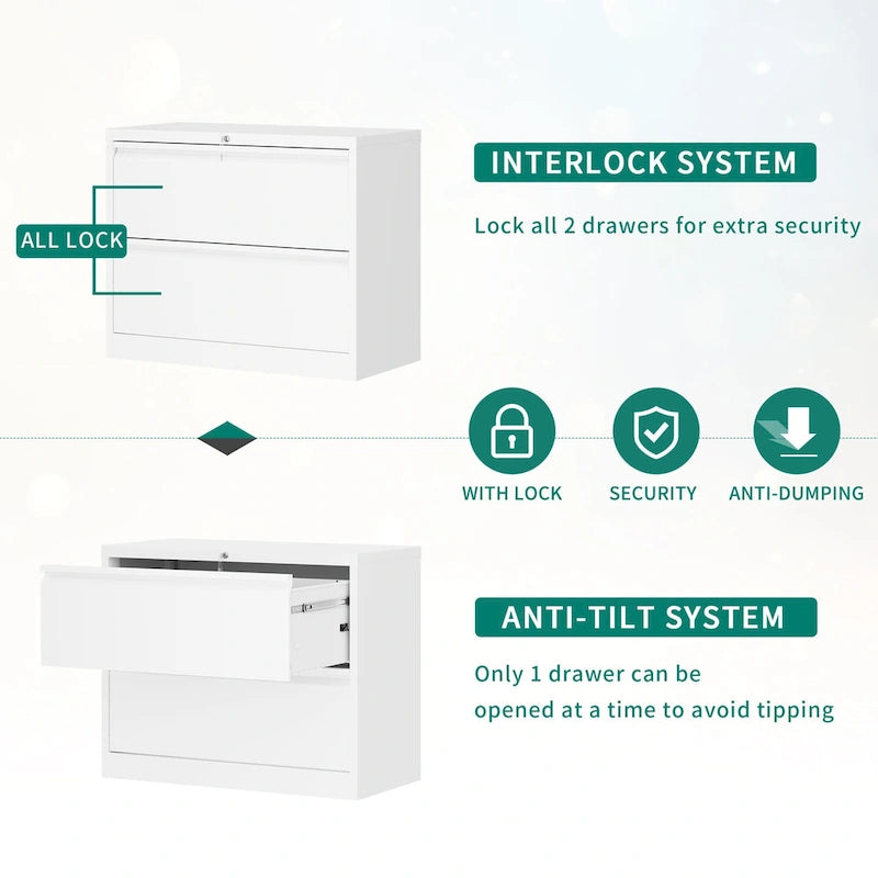 Black & White Metal Lateral File Cabinet with Two Locking Drawers