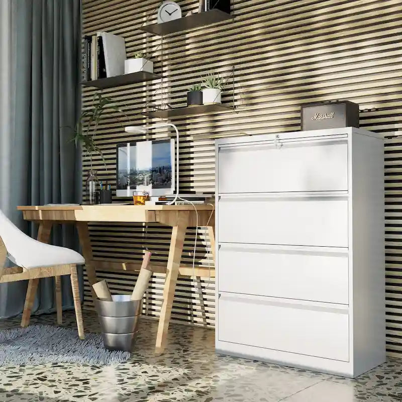 Heavy Duty Lockable Metal Lateral File Cabinet Four Drawers Black White