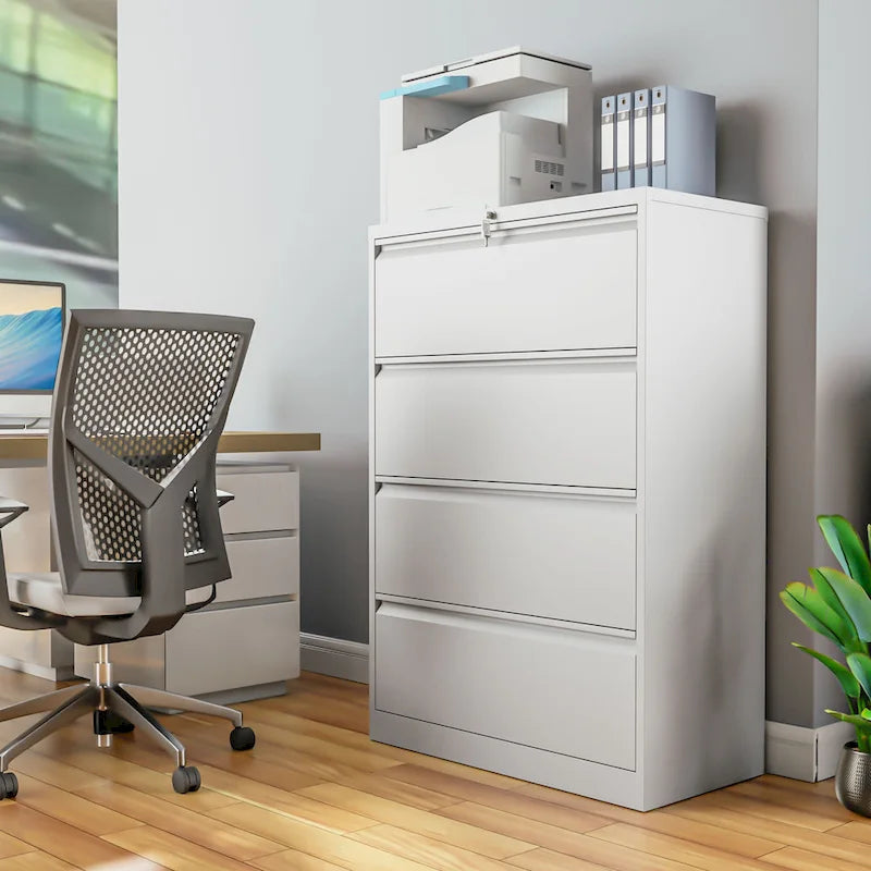 Heavy Duty Lockable Metal Lateral File Cabinet Four Drawers Black White