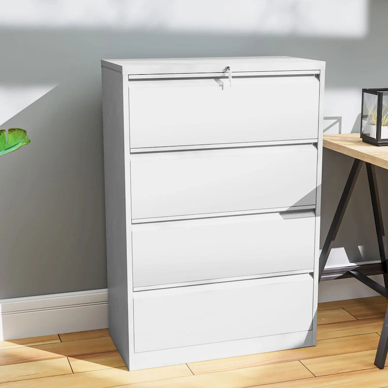 Heavy Duty Lockable Metal Lateral File Cabinet Four Drawers Black White