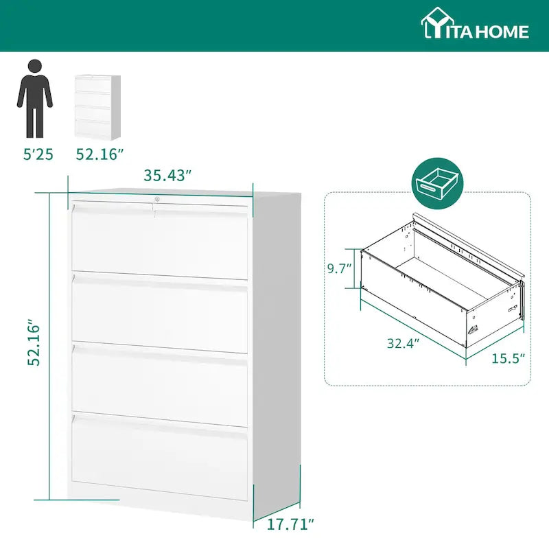 Heavy Duty Lockable Metal Lateral File Cabinet Four Drawers Black White