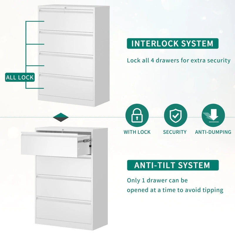 Heavy Duty Lockable Metal Lateral File Cabinet Four Drawers Black White