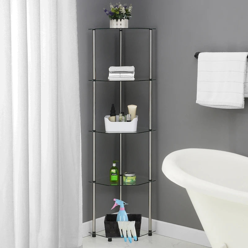 5-Tier Clear Tempered Glass Corner Shelf Tower Chrome Steel Frame