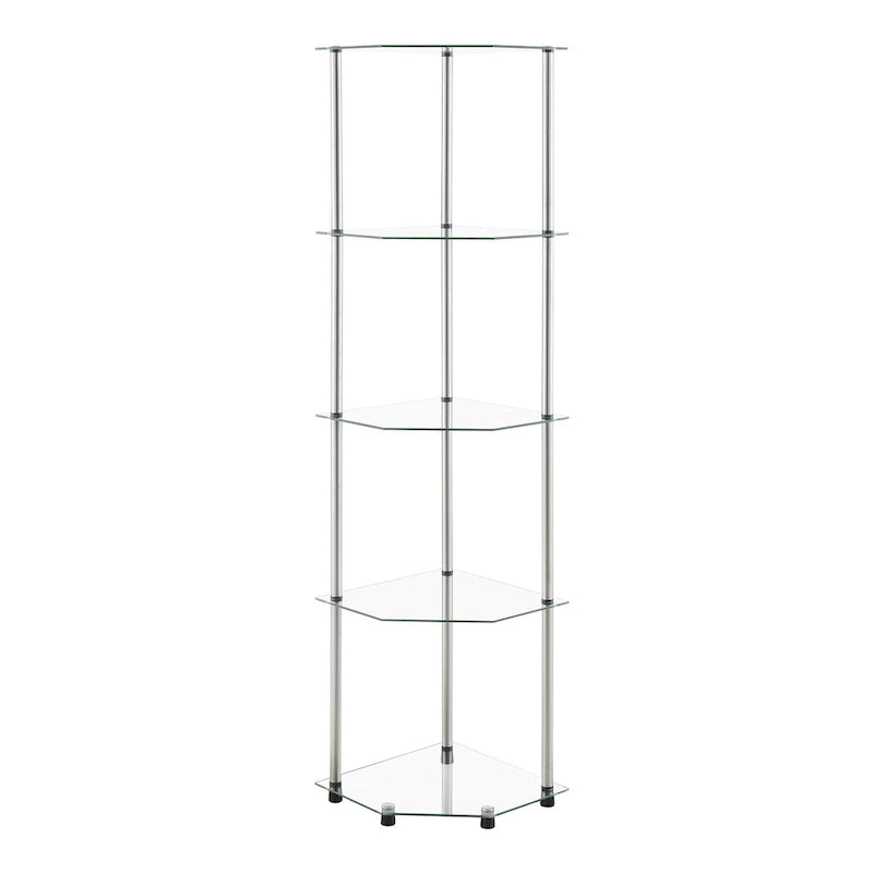 5-Tier Clear Tempered Glass Corner Shelf Tower Chrome Steel Frame