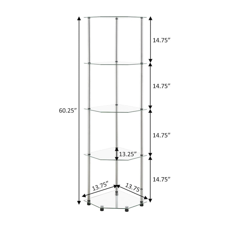 5-Tier Clear Tempered Glass Corner Shelf Tower Chrome Steel Frame