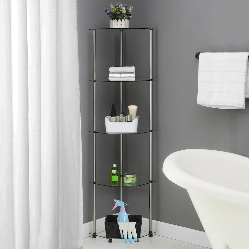 5-Tier Clear Tempered Glass Corner Shelf Tower Chrome Steel Frame