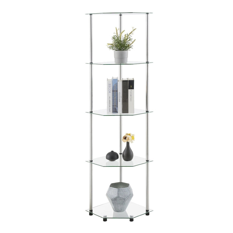 5-Tier Clear Tempered Glass Corner Shelf Tower Chrome Steel Frame