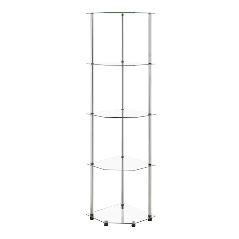 5-Tier Clear Tempered Glass Corner Shelf Tower Chrome Steel Frame