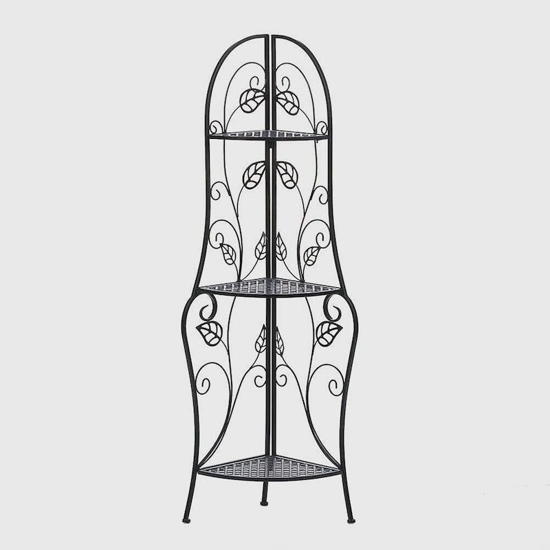 Black Metal Trellis Corner Shelf with Leaf Accents 3-Tier Display Rack