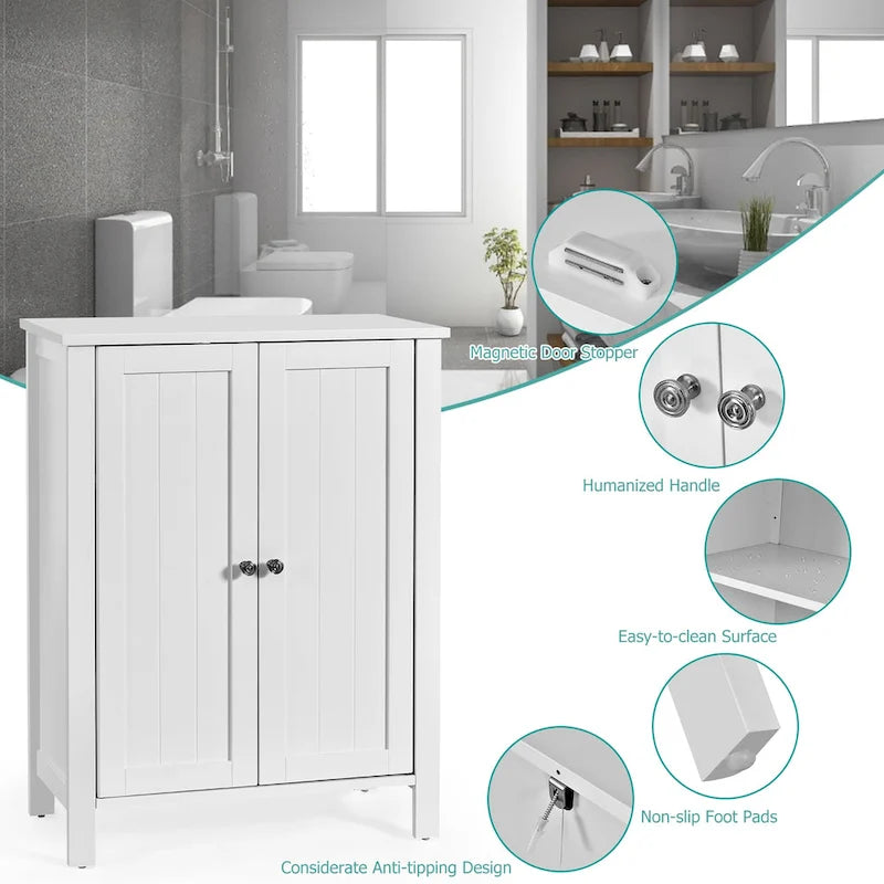Double Door Bathroom Floor Storage Cabinet with Adjustable Shelf White Grey Brown