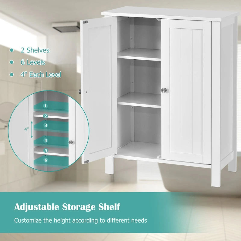 Double Door Bathroom Floor Storage Cabinet with Adjustable Shelf White Grey Brown