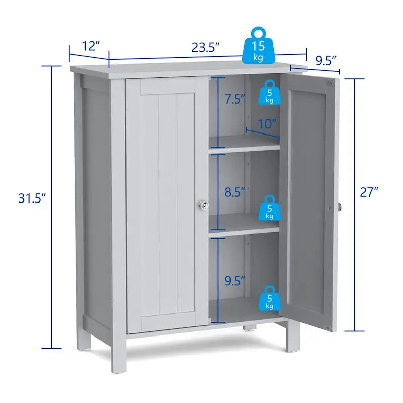 Double Door Bathroom Floor Storage Cabinet with Adjustable Shelf White Grey Brown
