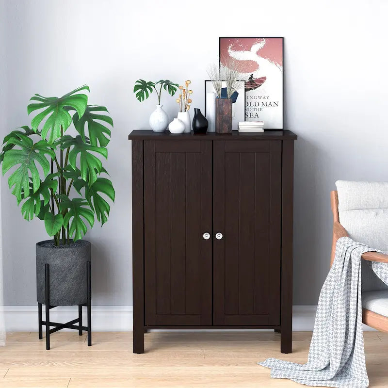 Double Door Bathroom Floor Storage Cabinet with Adjustable Shelf White Grey Brown