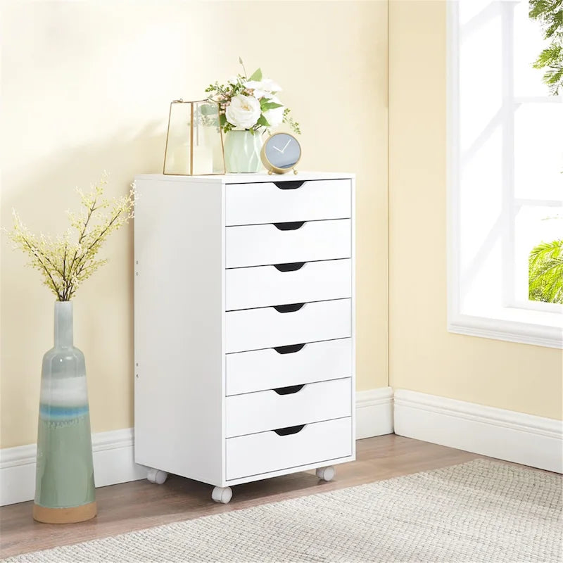 7-Drawer Rolling Wood Storage Cabinet with Casters White Black Grey Natural