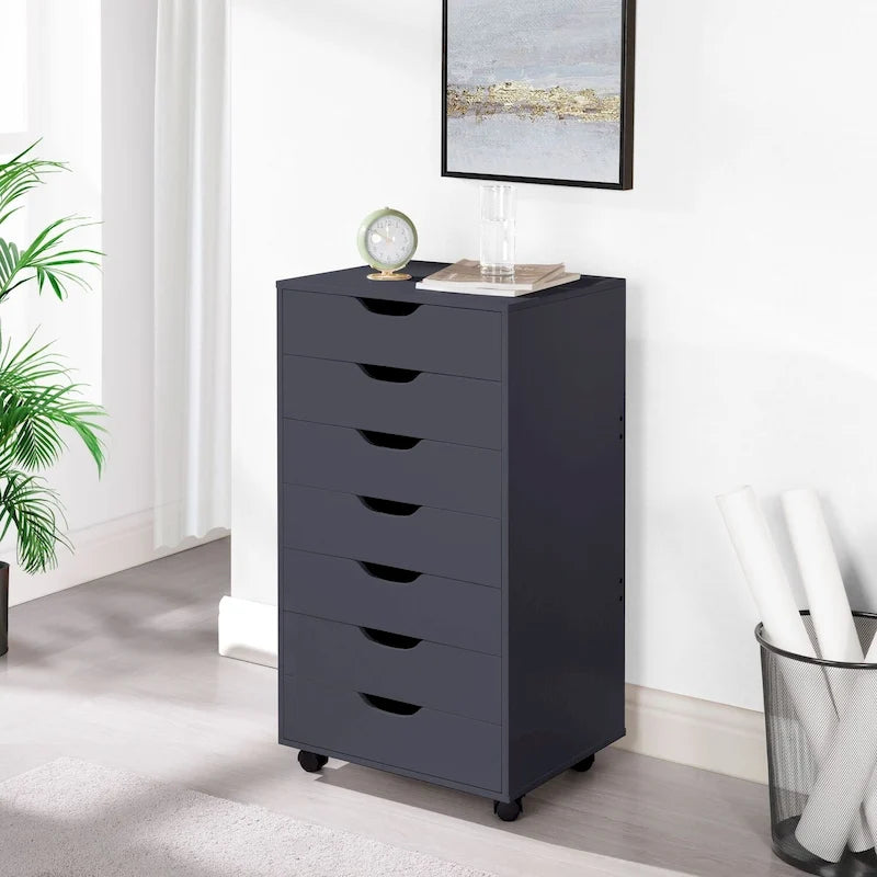 7-Drawer Rolling Wood Storage Cabinet with Casters White Black Grey Natural