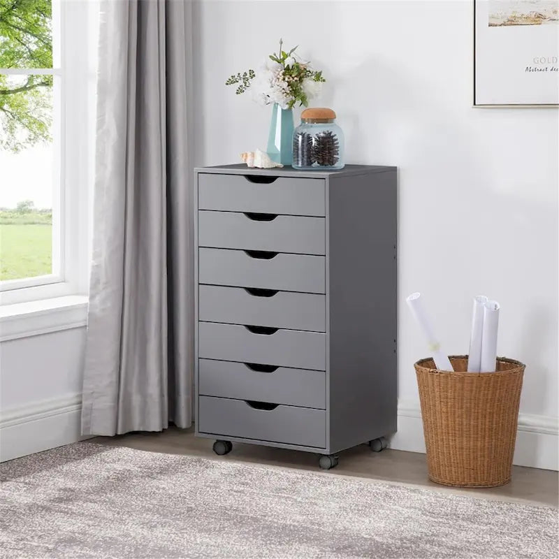 7-Drawer Rolling Wood Storage Cabinet with Casters White Black Grey Natural