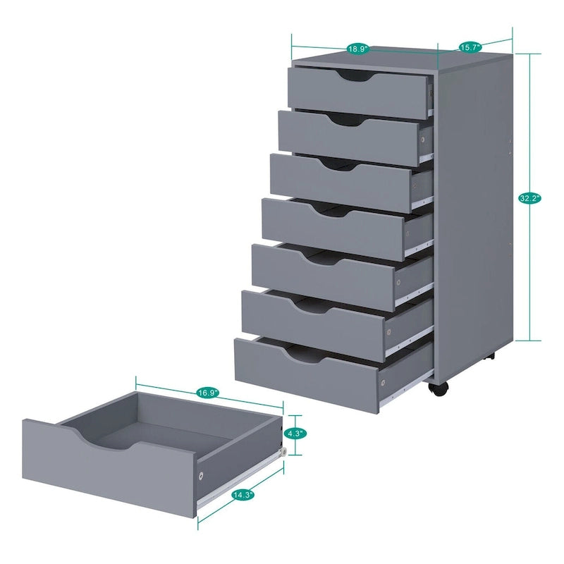 7-Drawer Rolling Wood Storage Cabinet with Casters White Black Grey Natural