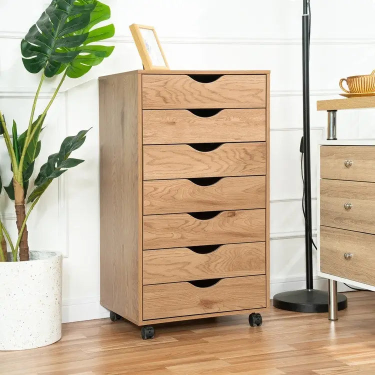 7-Drawer Rolling Wood Storage Cabinet with Casters White Black Grey Natural