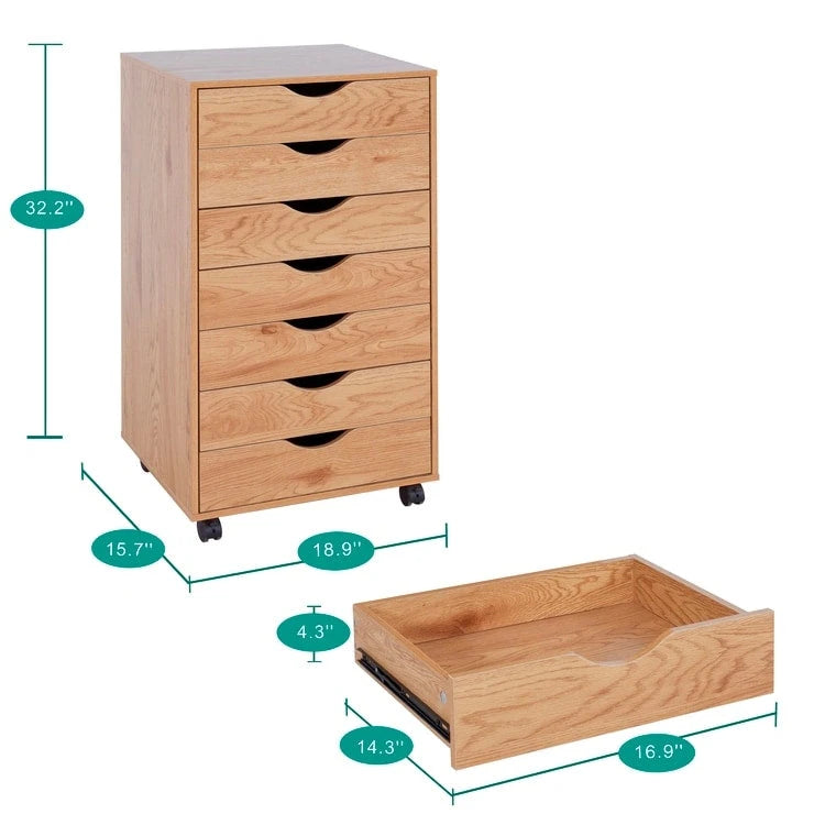 7-Drawer Rolling Wood Storage Cabinet with Casters White Black Grey Natural