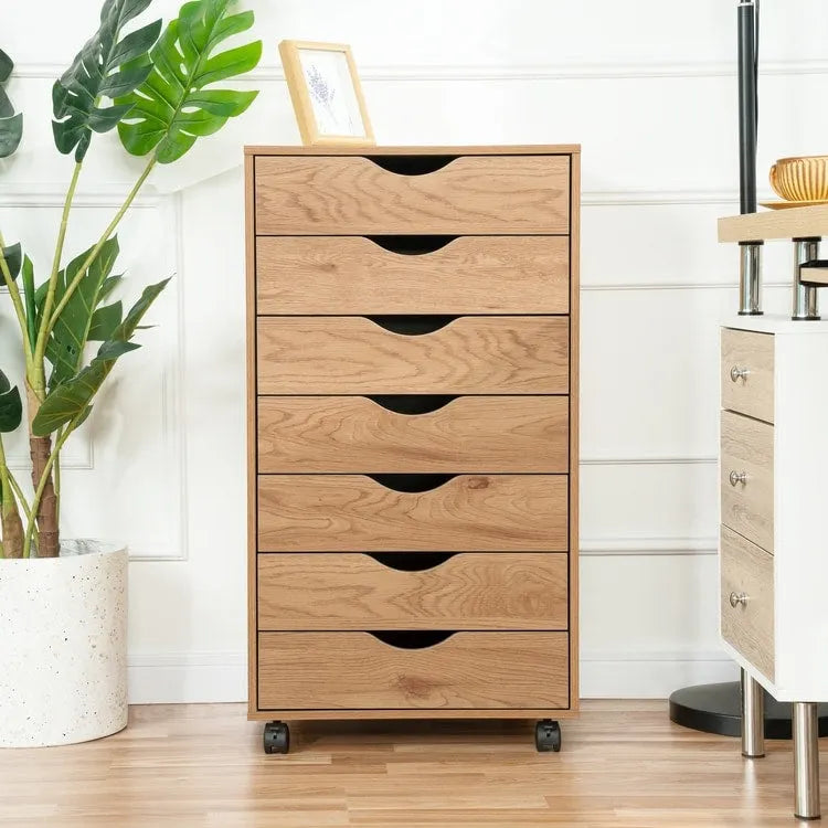 7-Drawer Rolling Wood Storage Cabinet with Casters White Black Grey Natural