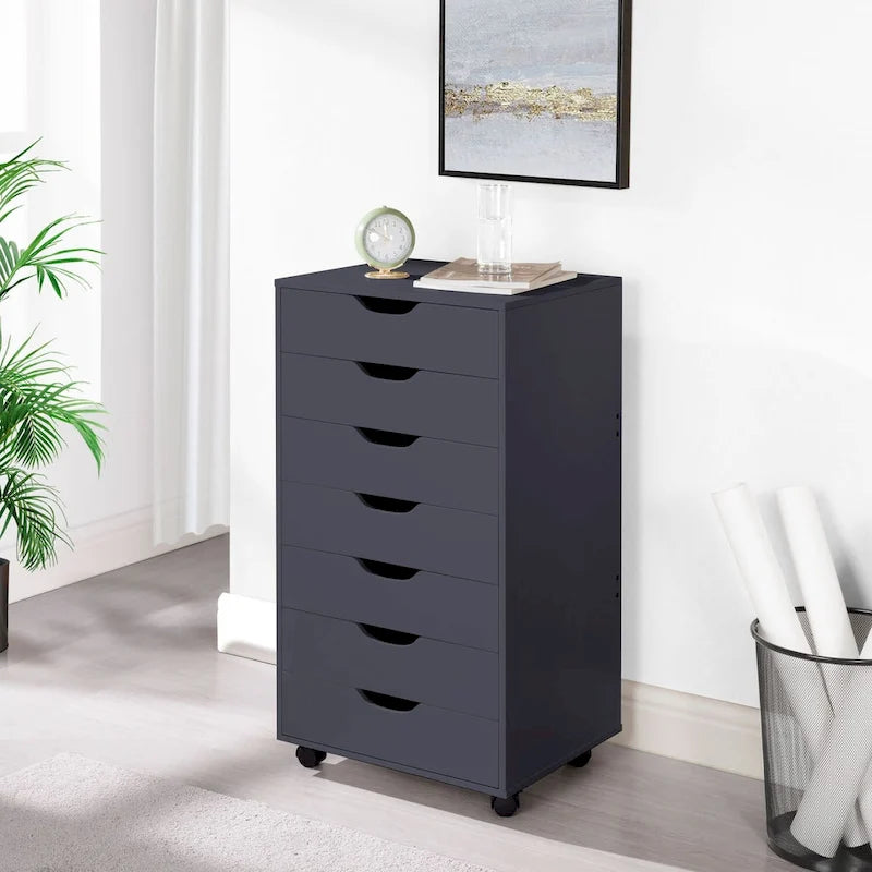 7-Drawer Rolling Wood Storage Cabinet with Casters White Black Grey Natural