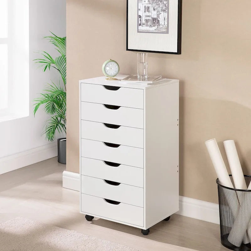 7-Drawer Rolling Wood Storage Cabinet with Casters White Black Grey Natural