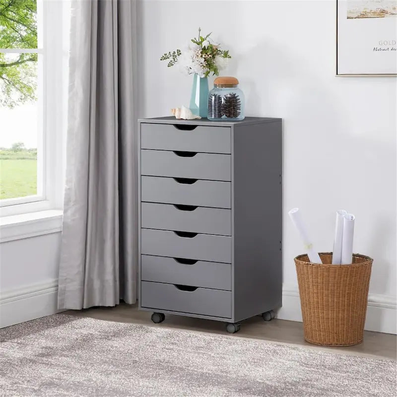 7-Drawer Rolling Wood Storage Cabinet with Casters White Black Grey Natural