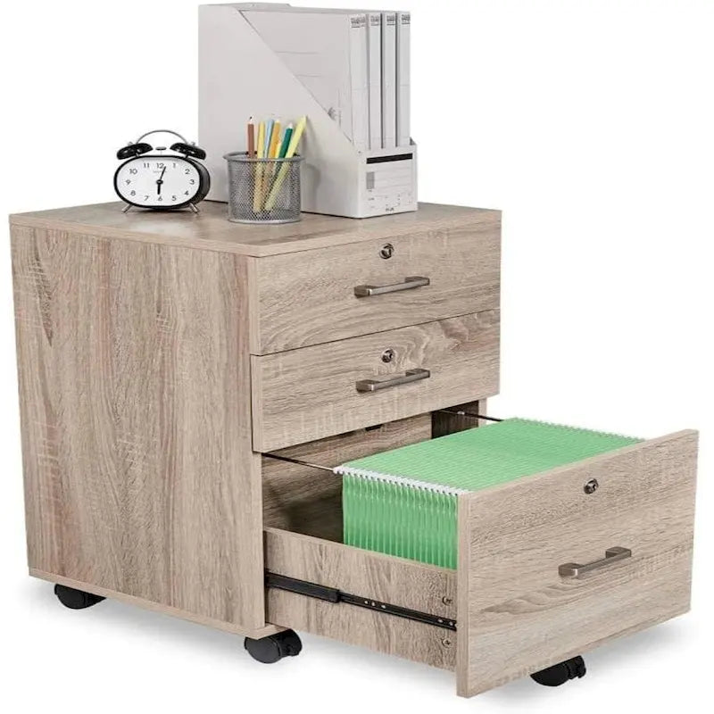 Oak Rolling 3-Drawer Wood File Cabinet with Lock and Wheels