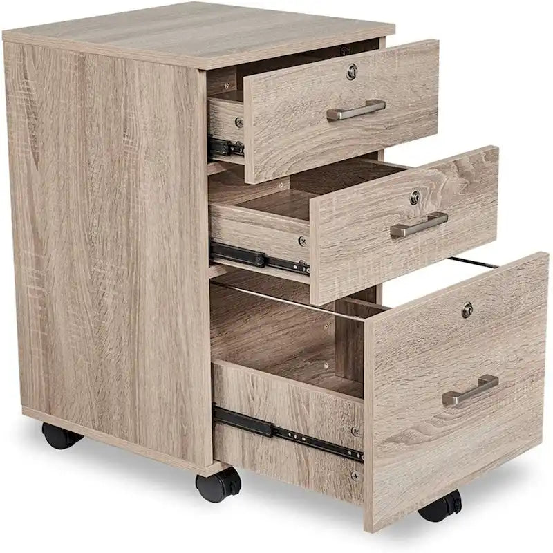 Oak Rolling 3-Drawer Wood File Cabinet with Lock and Wheels