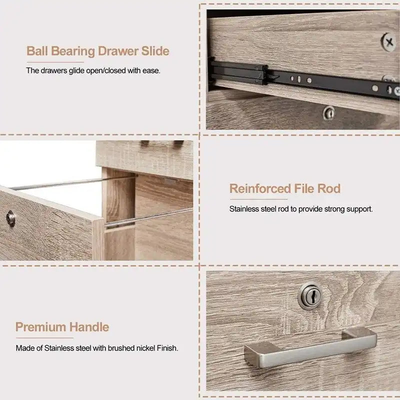 Oak Rolling 3-Drawer Wood File Cabinet with Lock and Wheels