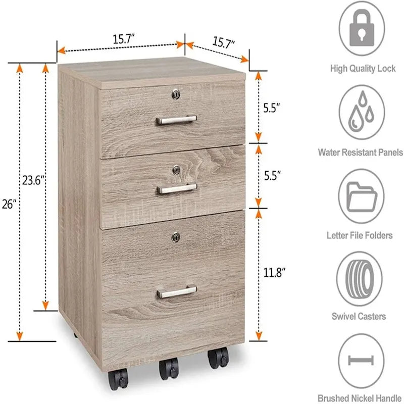 Oak Rolling 3-Drawer Wood File Cabinet with Lock and Wheels