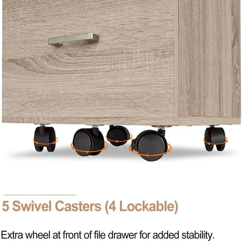 Oak Rolling 3-Drawer Wood File Cabinet with Lock and Wheels