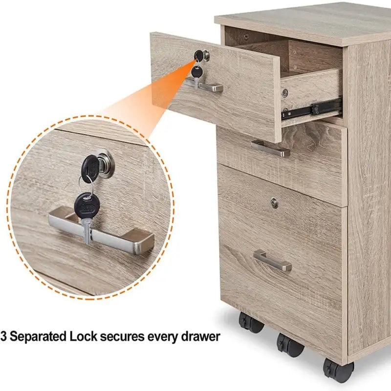 Oak Rolling 3-Drawer Wood File Cabinet with Lock and Wheels