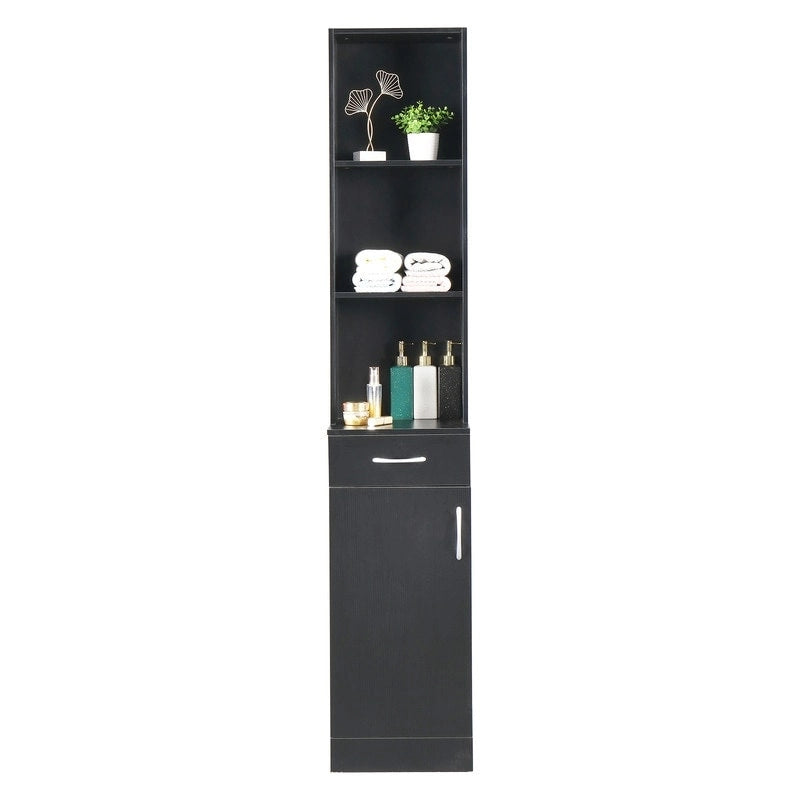 Tall Black Bathroom Storage Cabinet with Open Shelves and Drawer