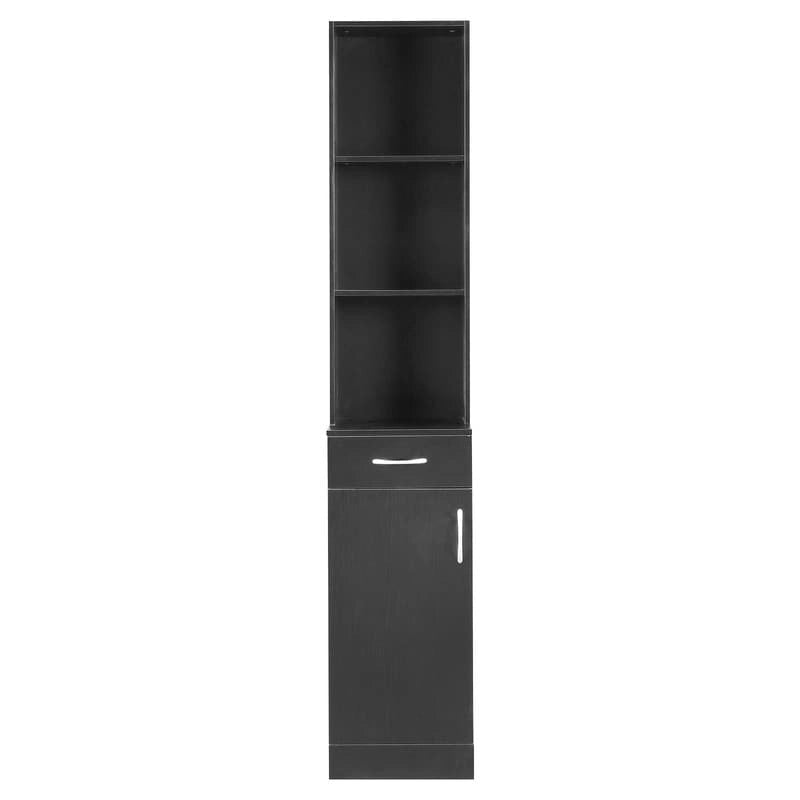 Tall Black Bathroom Storage Cabinet with Open Shelves and Drawer