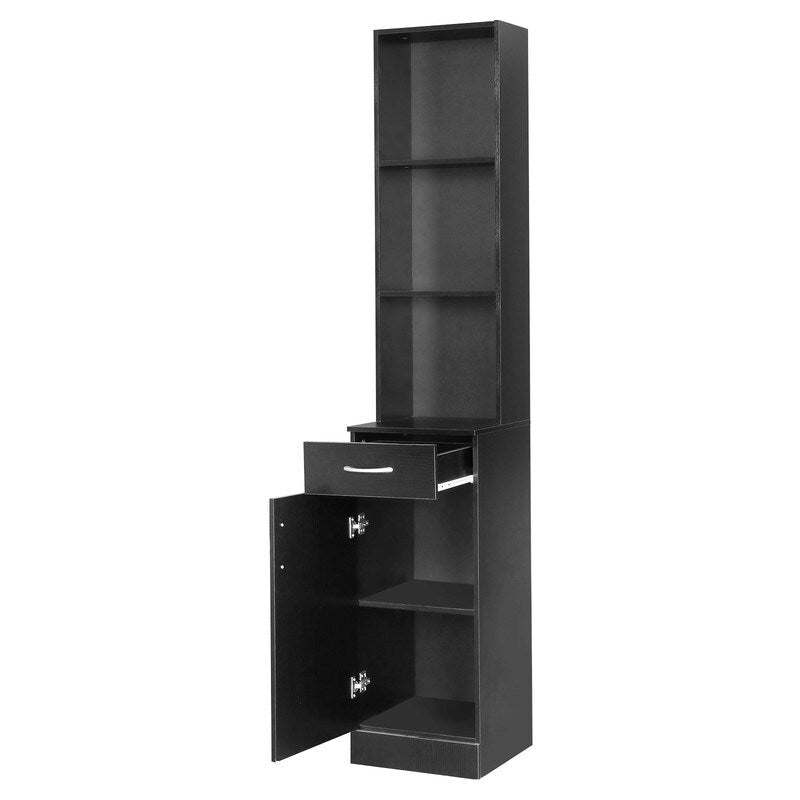 Tall Black Bathroom Storage Cabinet with Open Shelves and Drawer