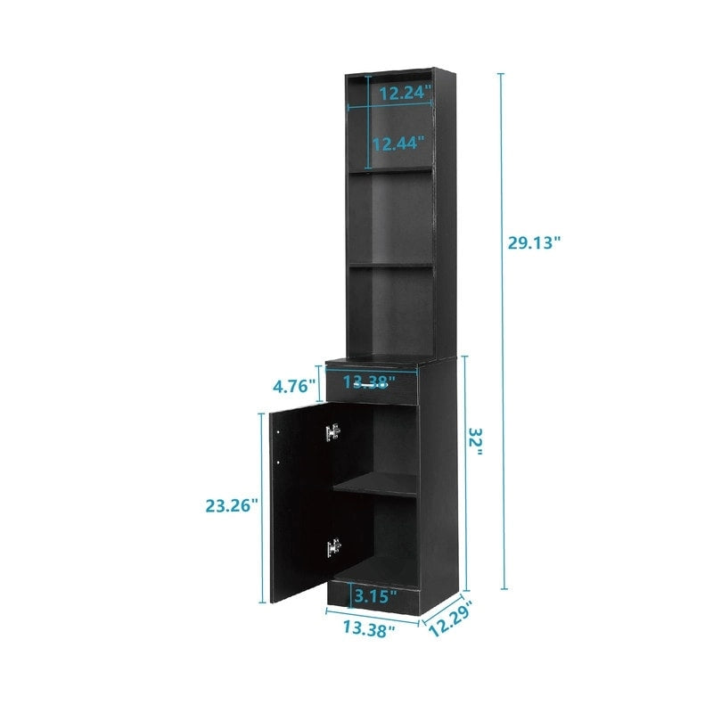Tall Black Bathroom Storage Cabinet with Open Shelves and Drawer