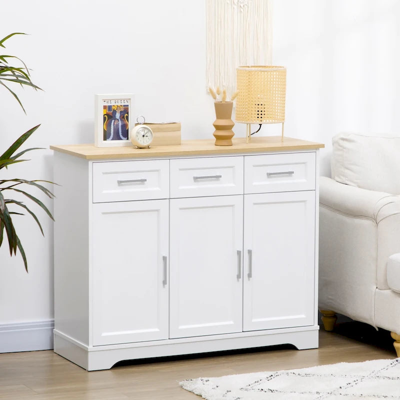 White Crystal Buffet Cabinet with 3 Drawers and Adjustable Shelves