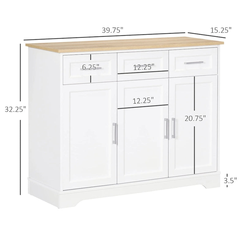 White Crystal Buffet Cabinet with 3 Drawers and Adjustable Shelves