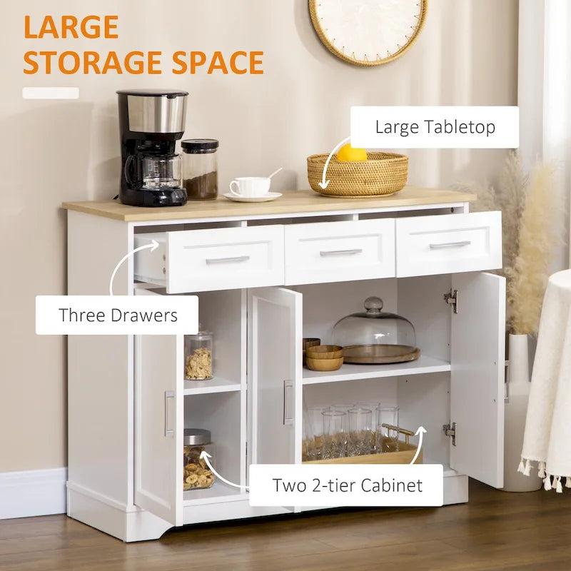 White Crystal Buffet Cabinet with 3 Drawers and Adjustable Shelves