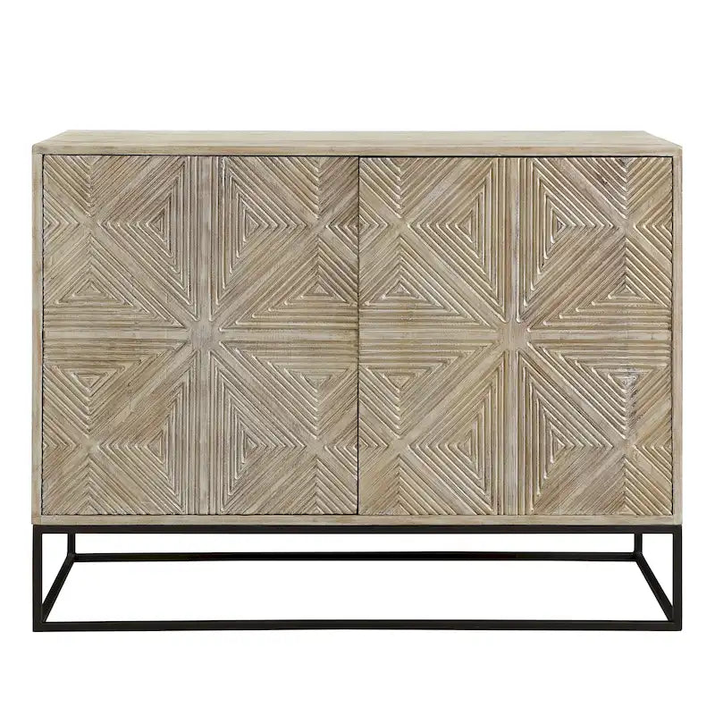 Mango Wood Hand-Carved 4-Door Sideboard with Black Metal Base