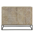 Mango Wood Hand-Carved 4-Door Sideboard with Black Metal Base