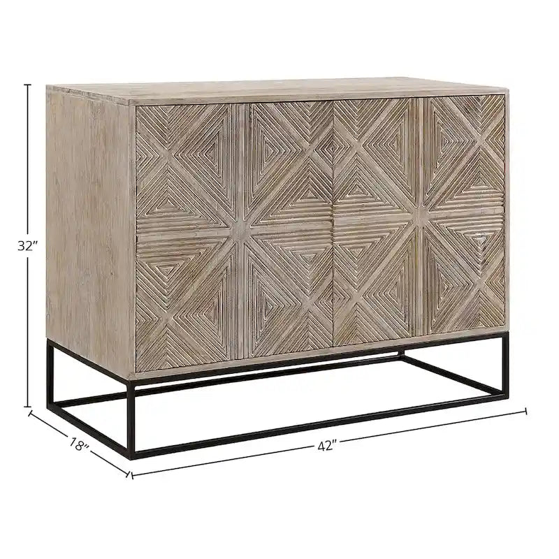 Mango Wood Hand-Carved 4-Door Sideboard with Black Metal Base