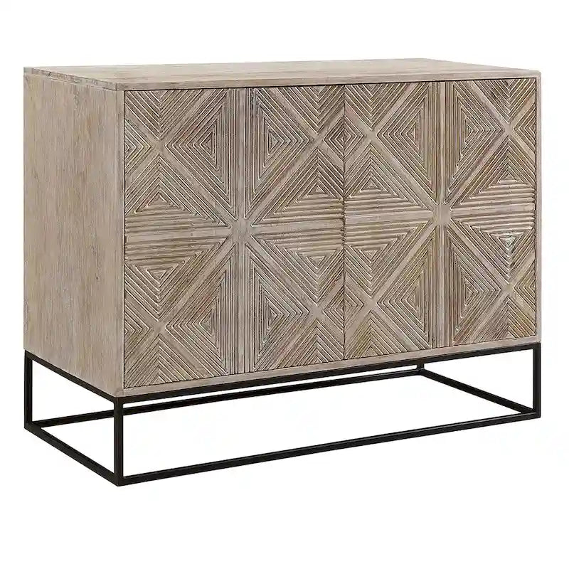 Mango Wood Hand-Carved 4-Door Sideboard with Black Metal Base